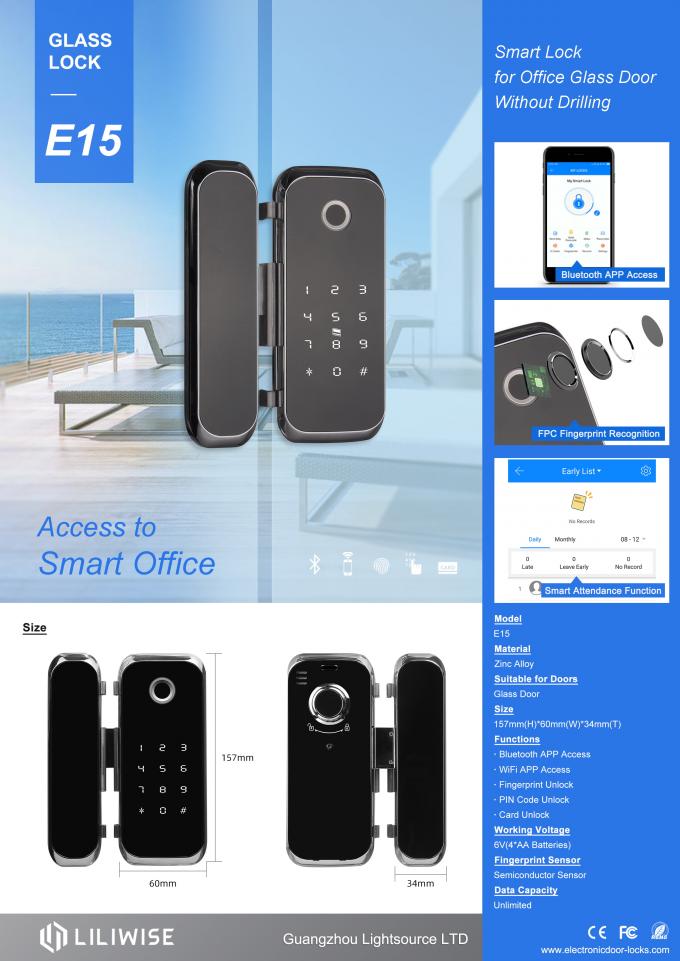 Kunci Pintu Kaca Cerdas WiFi Aplikasi Bluetooth Akses Elektronik Sidik Jari Biometrik 0